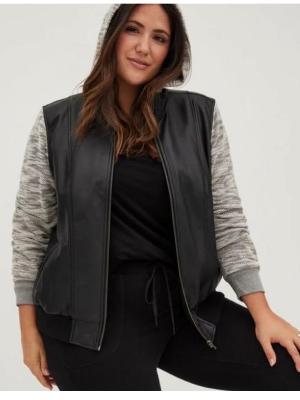 Torrid Black Faux Leather & Marled Grey Terry Bomber Jacket